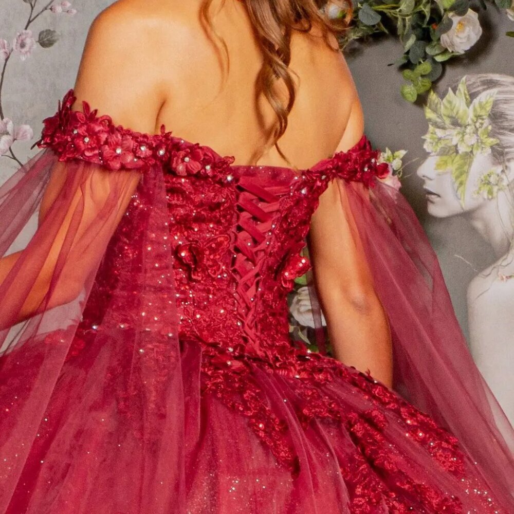 New Off Shoulder Butterfly Embellished Quinceanera Gown w/ Lace Up Back GL3181 - Picture 10 of 13